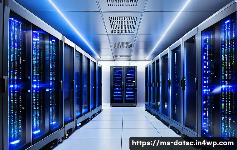 제한된 자원에서 데이터베이스 성능 극대화하기 - A modern data center server room with racks of high-performance SSD storage devices and powerful dat...