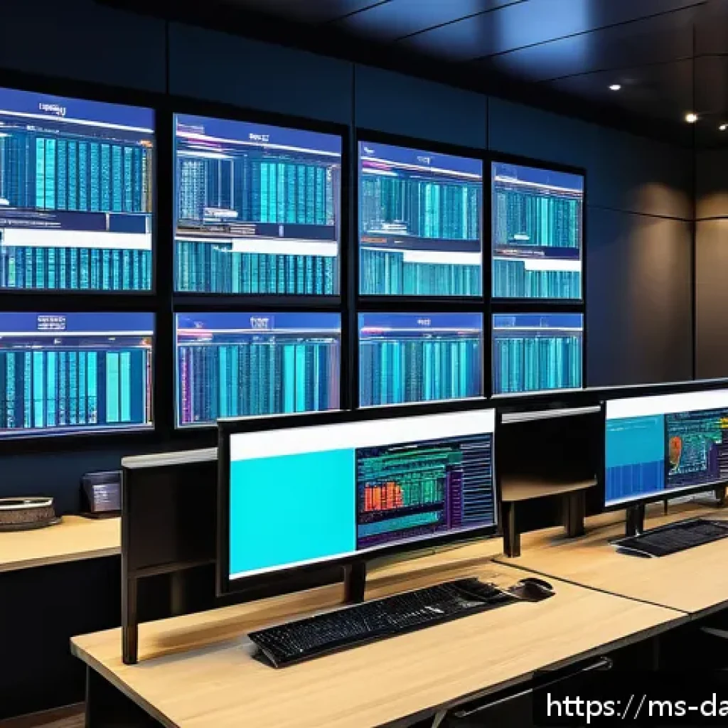 데이터베이스 성능 모니터링 도구 비교 - A modern Malaysian office setting with a diverse team of IT professionals actively monitoring multip...