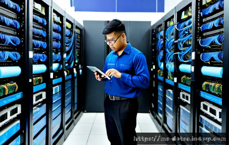 데이터베이스 성능을 위한 네트워크 최적화 기법 - Photorealistic modern data center in Kuala Lumpur, Malaysia, organized rows of server racks connecte...